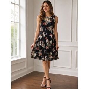 BeBop Black Multicolor Floral Lace Mini Dress S Sleeveless Fit & Flare Cocktail